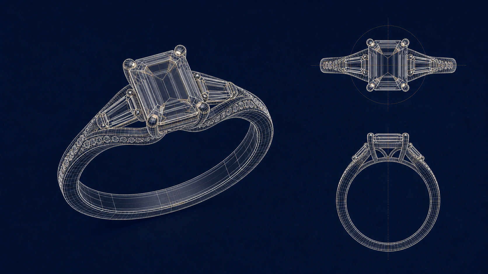 Three precise CAD views of the same ring design prepared for approval