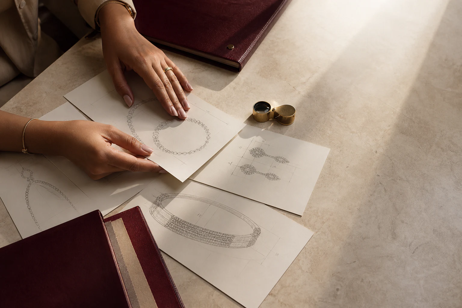 A jewellery consultation with design cards, proportion sketches and material references