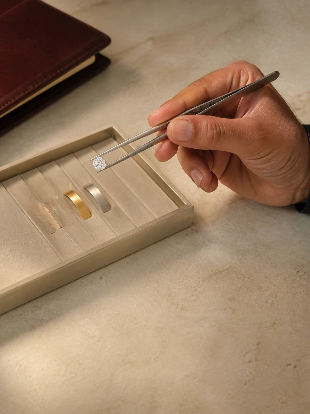 A jewellery expert evaluating an oval diamond beside restrained metal samples